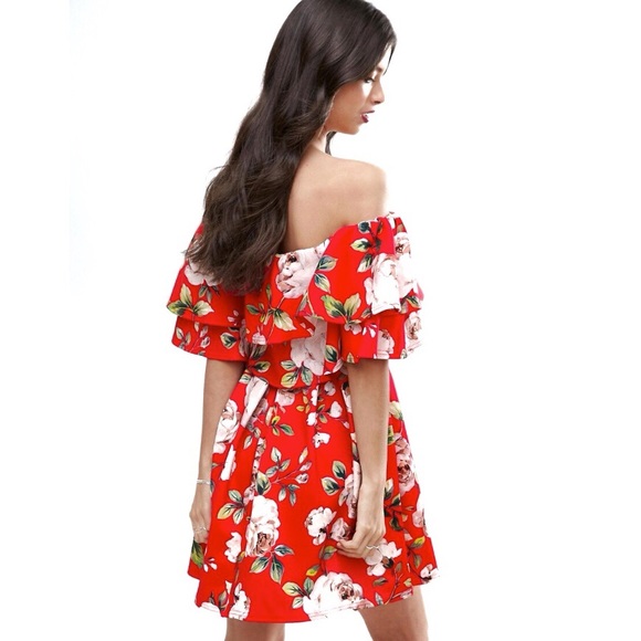 ASOS Rose Floral Off Shoulder Ruffle Mini Dress 12 - Picture 6 of 7
